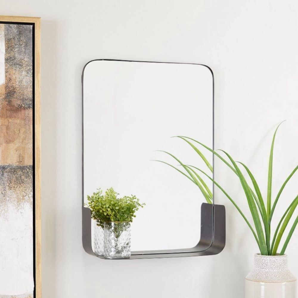 Black Metal Wall Mirror with Shelf for Entry Way or Other. Like New.
